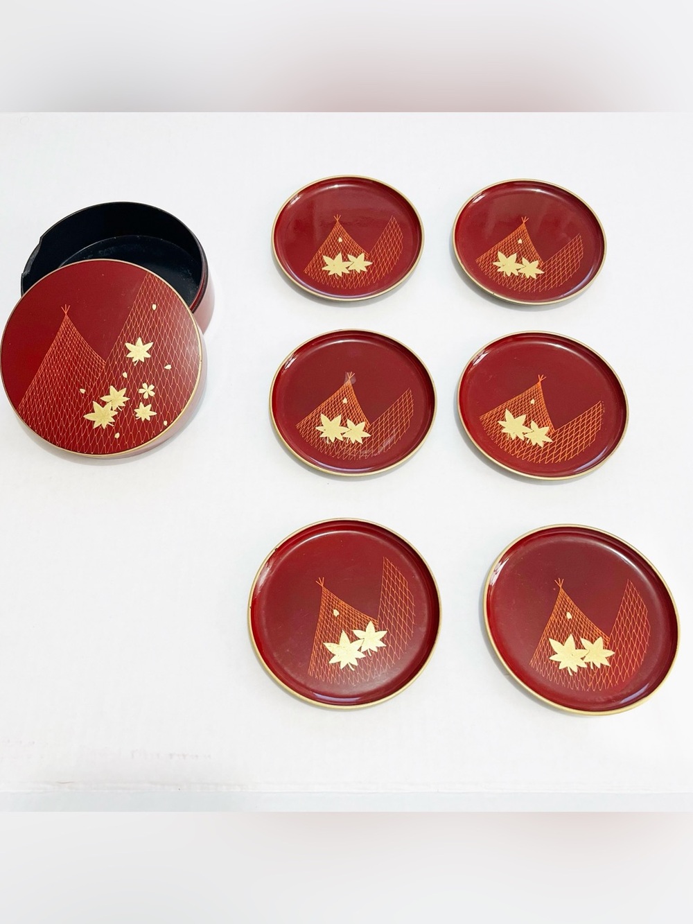 Otagiri Japan Vintage Set Of 6 Maroon Gold Leaf Coasters With Storage